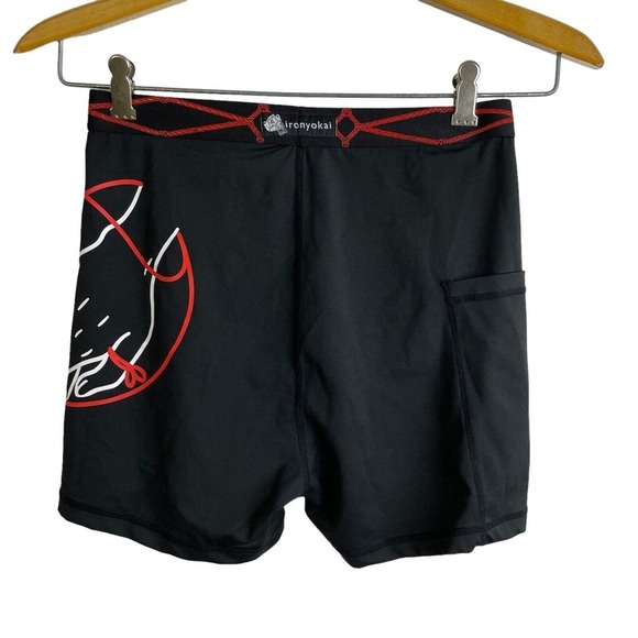Iron Yokai Shibari Lounge Shorts Black Red Medium Athleisure Pockets Hands 3.5" - Picture 2 of 9
